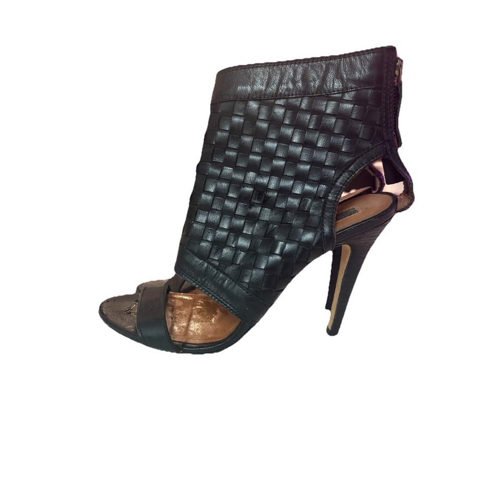 Modern Vintage Black Leather Weave Heels‎ Open Toe Stiletto Whimsigoth Boho 10 - Picture 2 of 6